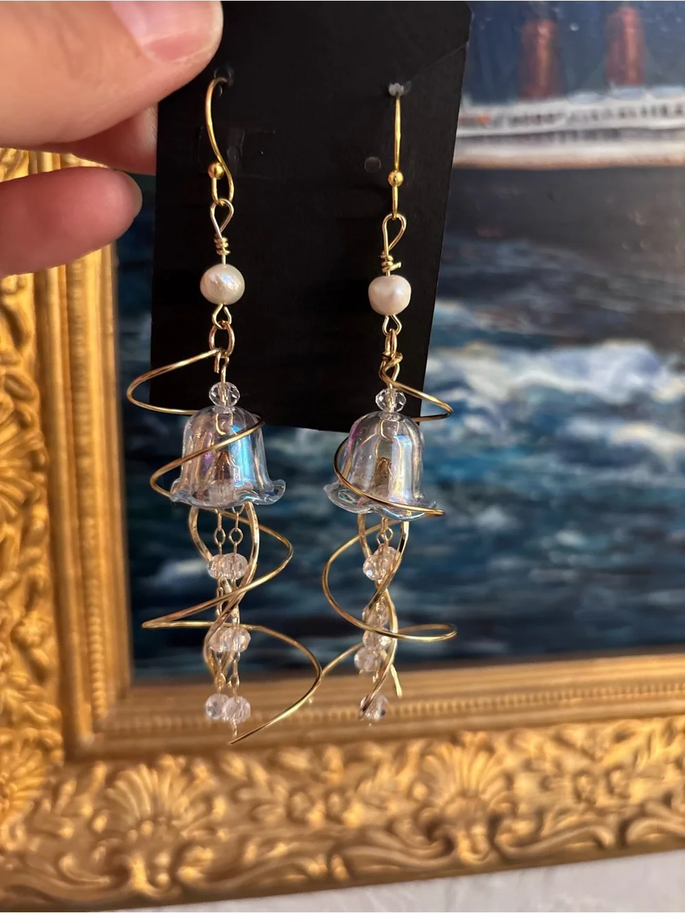 Gold-Tone Iridescent Bell Drop Jellyfish Earrings with Pearl Bead